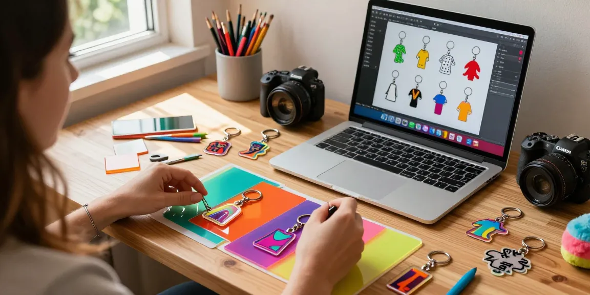 Designer customizing custom keychains in a bright workspace filled with colorful materials.