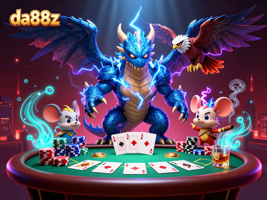 Experience thrilling gameplay at da88z with a dynamic scene featuring casino characters and poker elements.