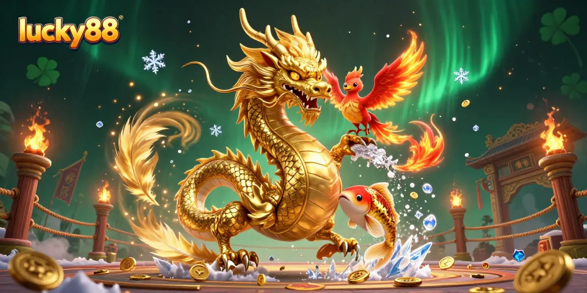 Experience thrilling action at lucky88 with a dynamic scene featuring a golden dragon, phoenix, and koi amidst casino elements.
