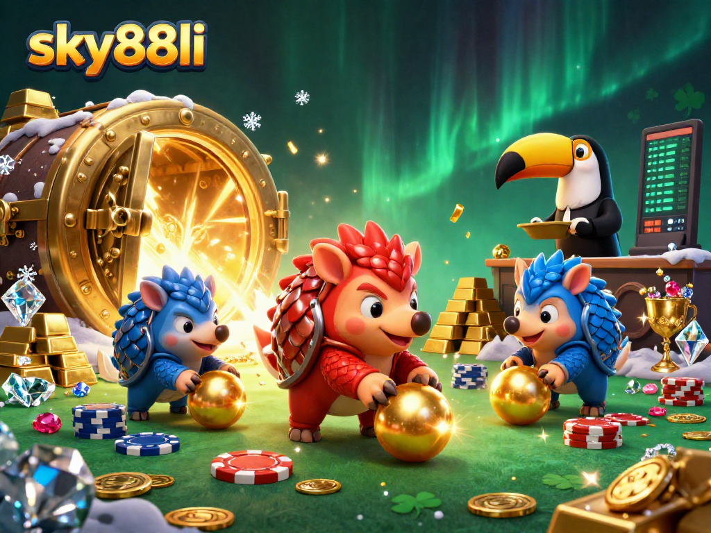 Experience thrilling gameplay at sky88li with excited pangolins and vibrant casino visuals.