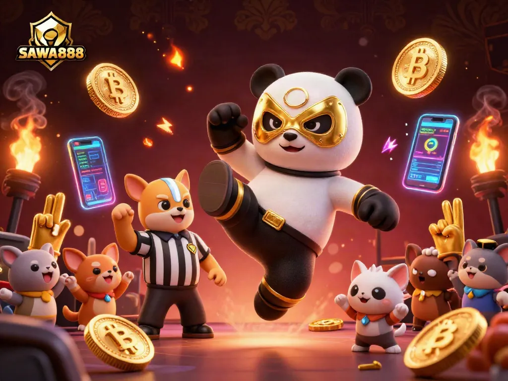 SAWA888 showcases a dynamic casino scene with a wrestler panda and crypto elements for an engaging experience.