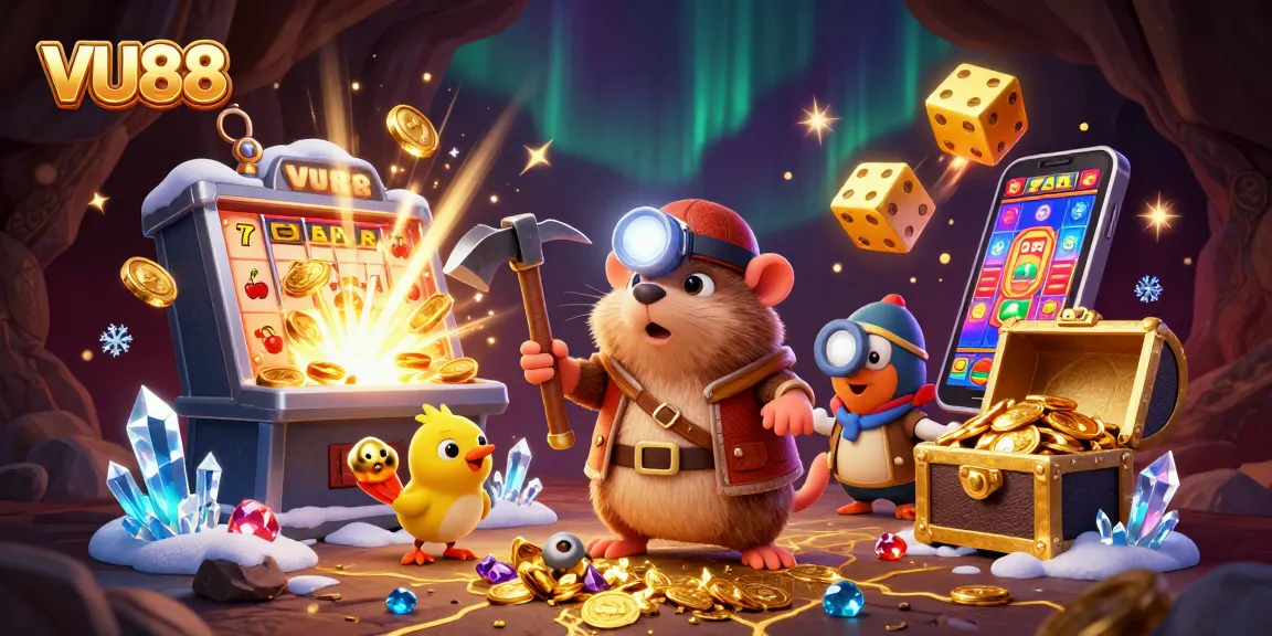 Join the excitement at VU88 with a lively treasure hunt featuring jackpots and colorful casino elements.