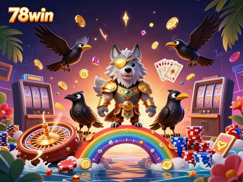 Courageous Odin wolf leads a vibrant casino scene showcasing 78win's dynamic games and thrilling opportunities.
