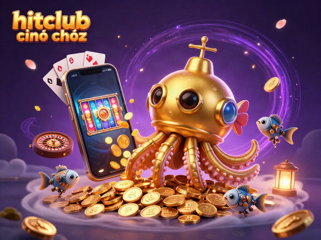 Engage in the excitement of hitclub chính chủ with a vibrant 3D illustration showcasing golden kraken and gambling elements.