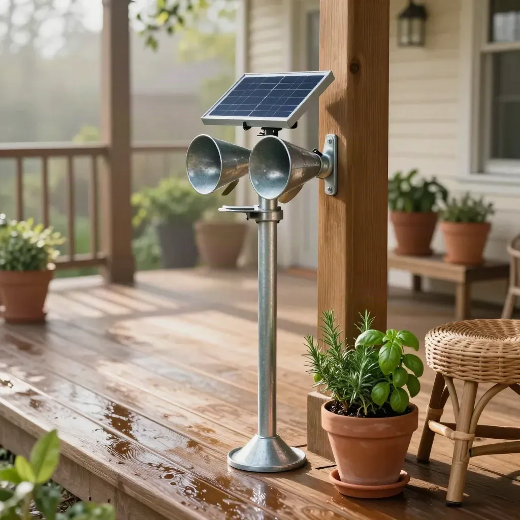Porch weather station kit beside herbs on damp boards in warm morning light.