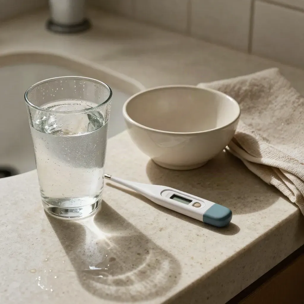 Moist thermometer calibration setup on a stone bathroom counter with towel and bowls.