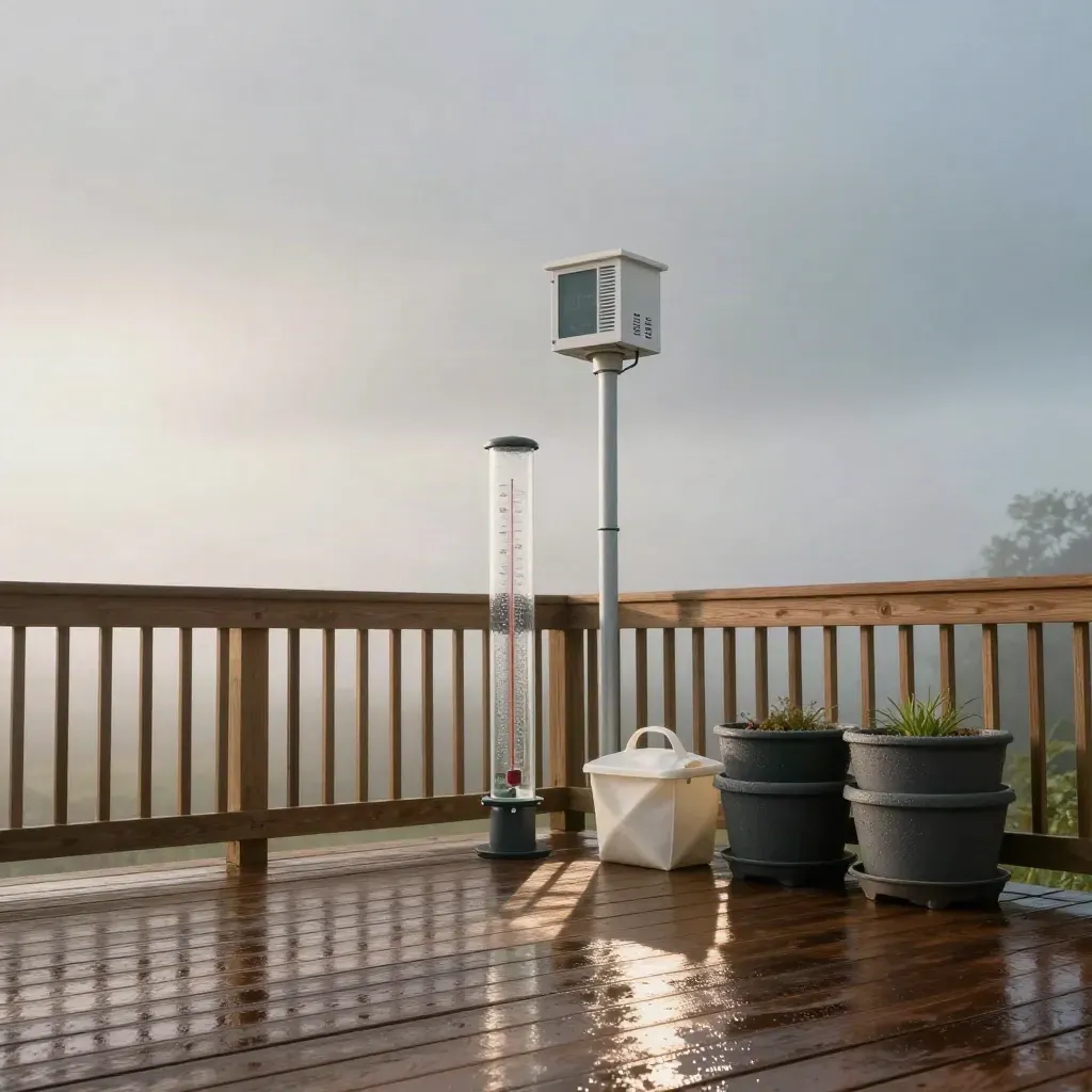Wet cedar deck with a home weather station, rain gauge, thermometer shelter and storm tote at dawn