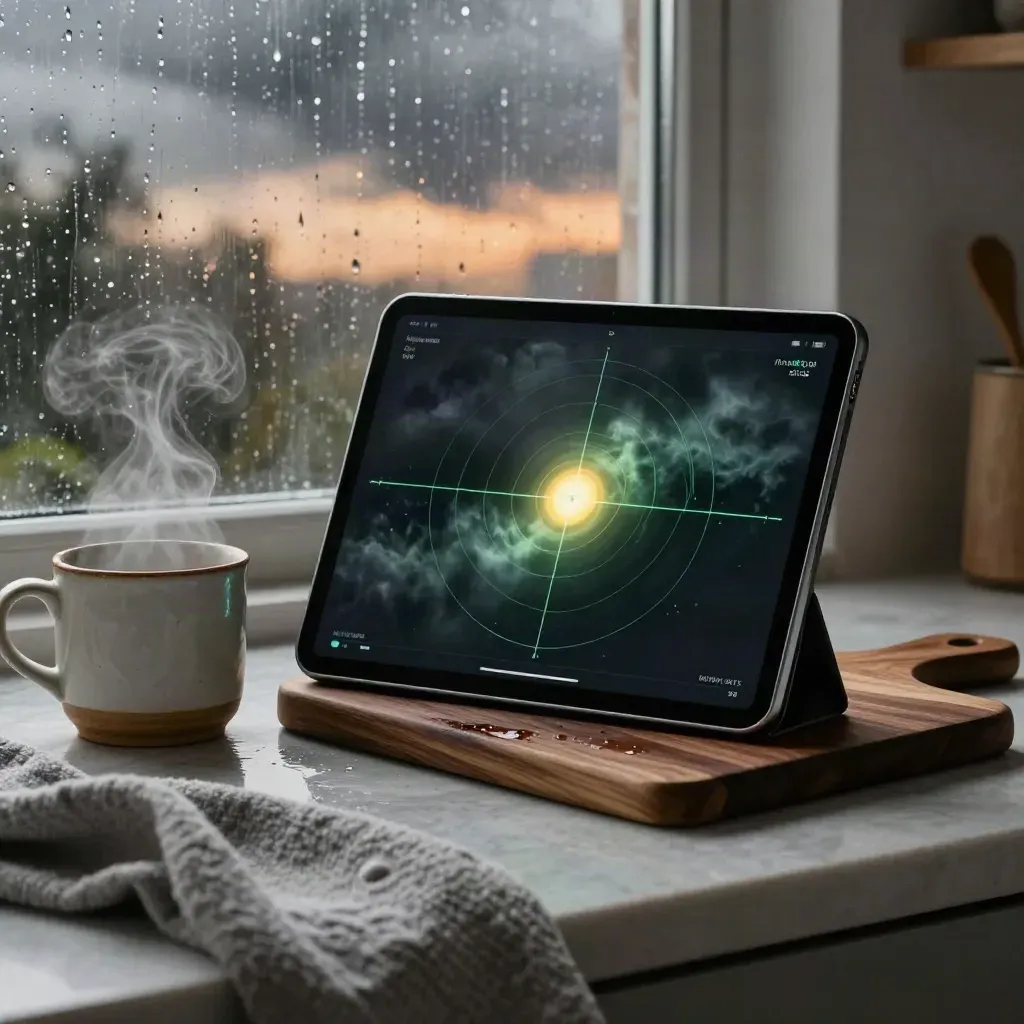 Tablet with storm radar beside a steaming mug near a rain-streaked window