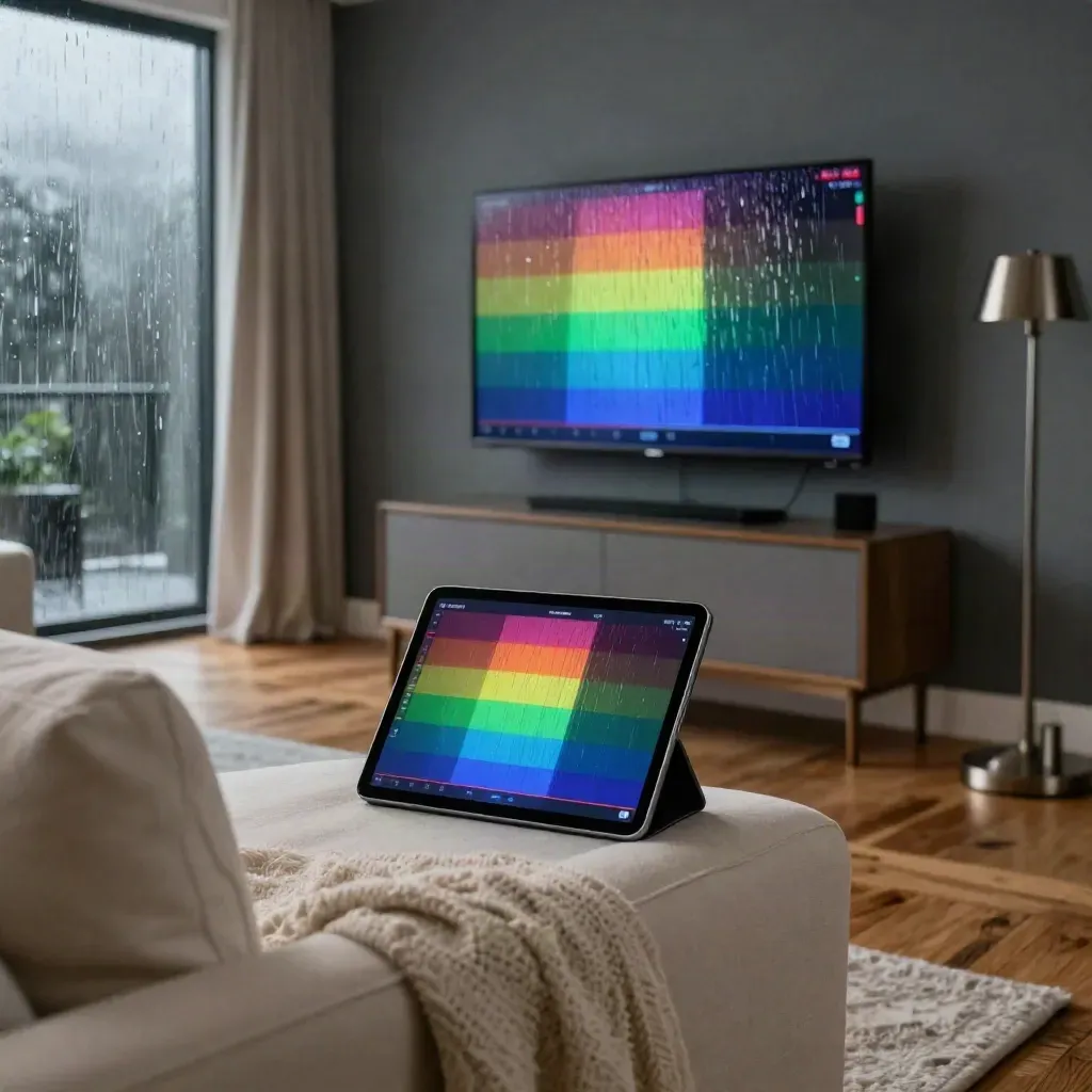 Tablet and wall TV show radar in a storm-lit den with rain at the window.