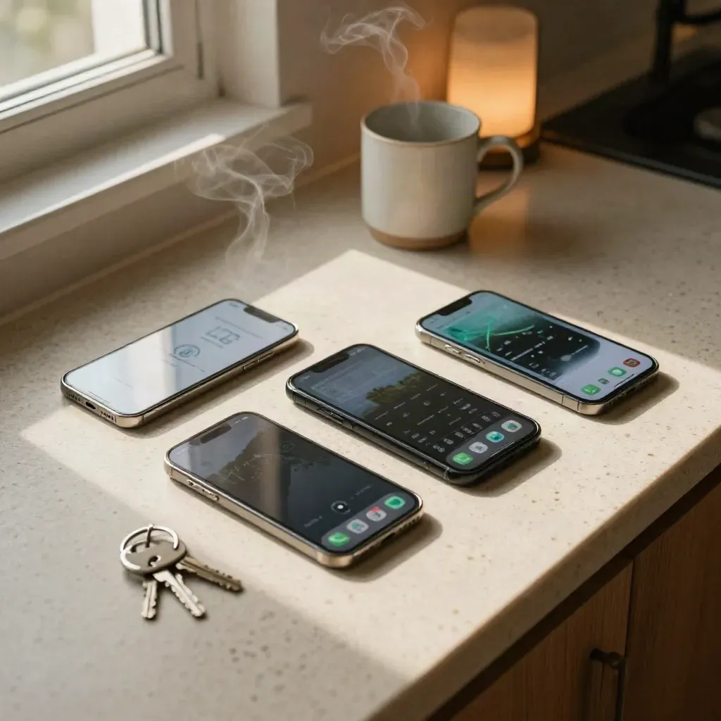 Three phones on a kitchen counter with steaming mug and keys, weather alerts glowing softly.