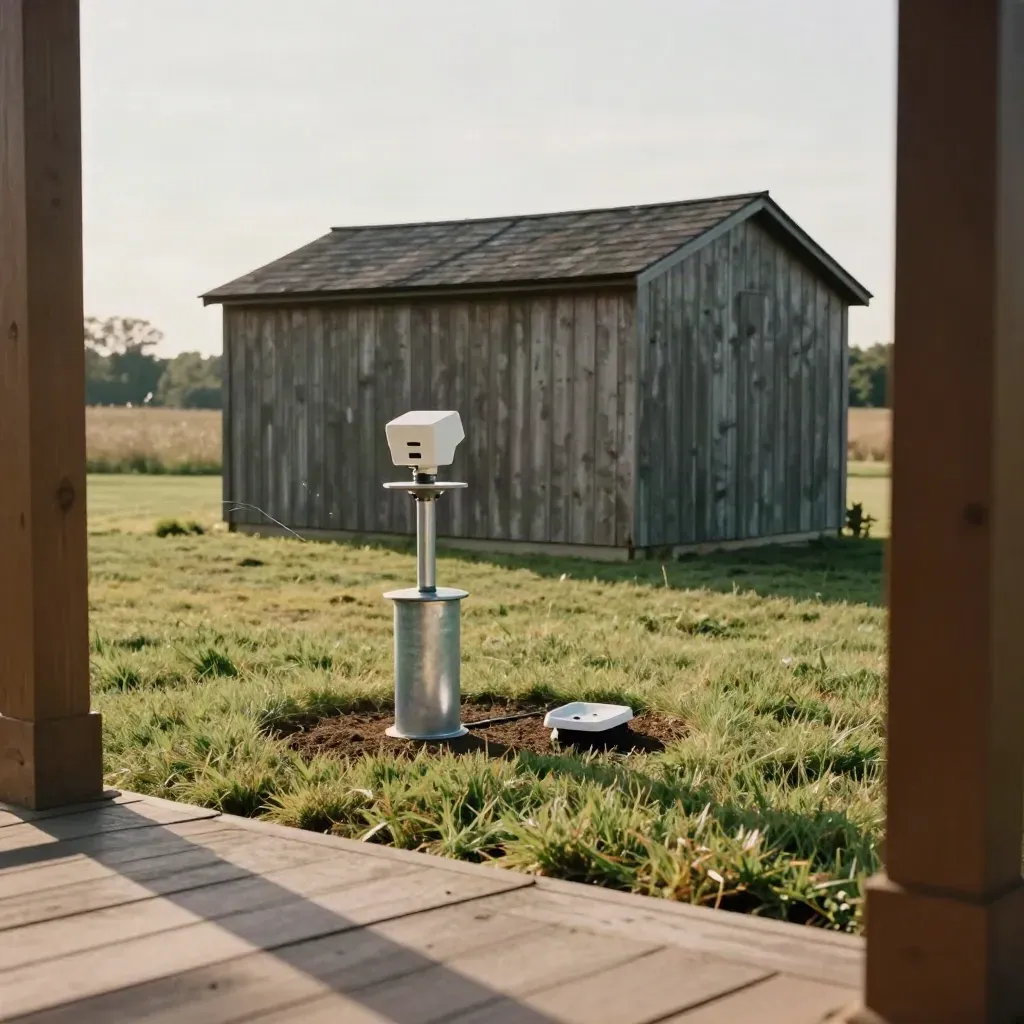 Weather-station mount spot on open lawn beside a shed, seen from porch steps in late-morning light.
