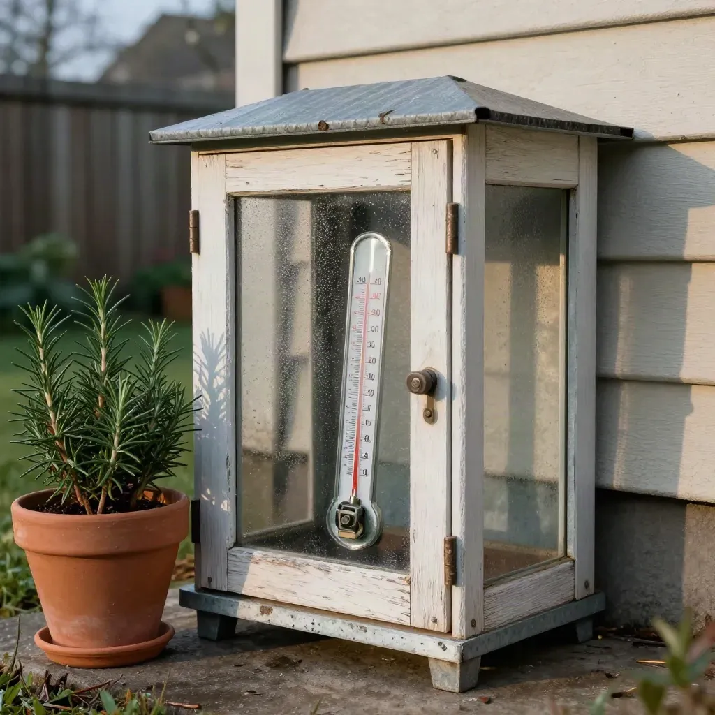 Backyard thermometer shelter with a reference thermometer, rosemary, and clay pot in cool morning shade.