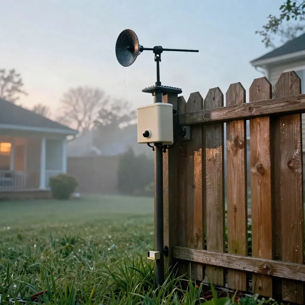 Backyard weather station on a wet fence post after rain, with brightening sky and dripping grass.