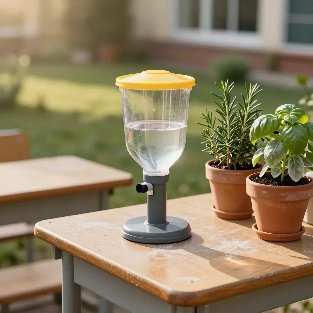 Outdoor school weather station with rain collector and potted herbs in warm late-afternoon light.