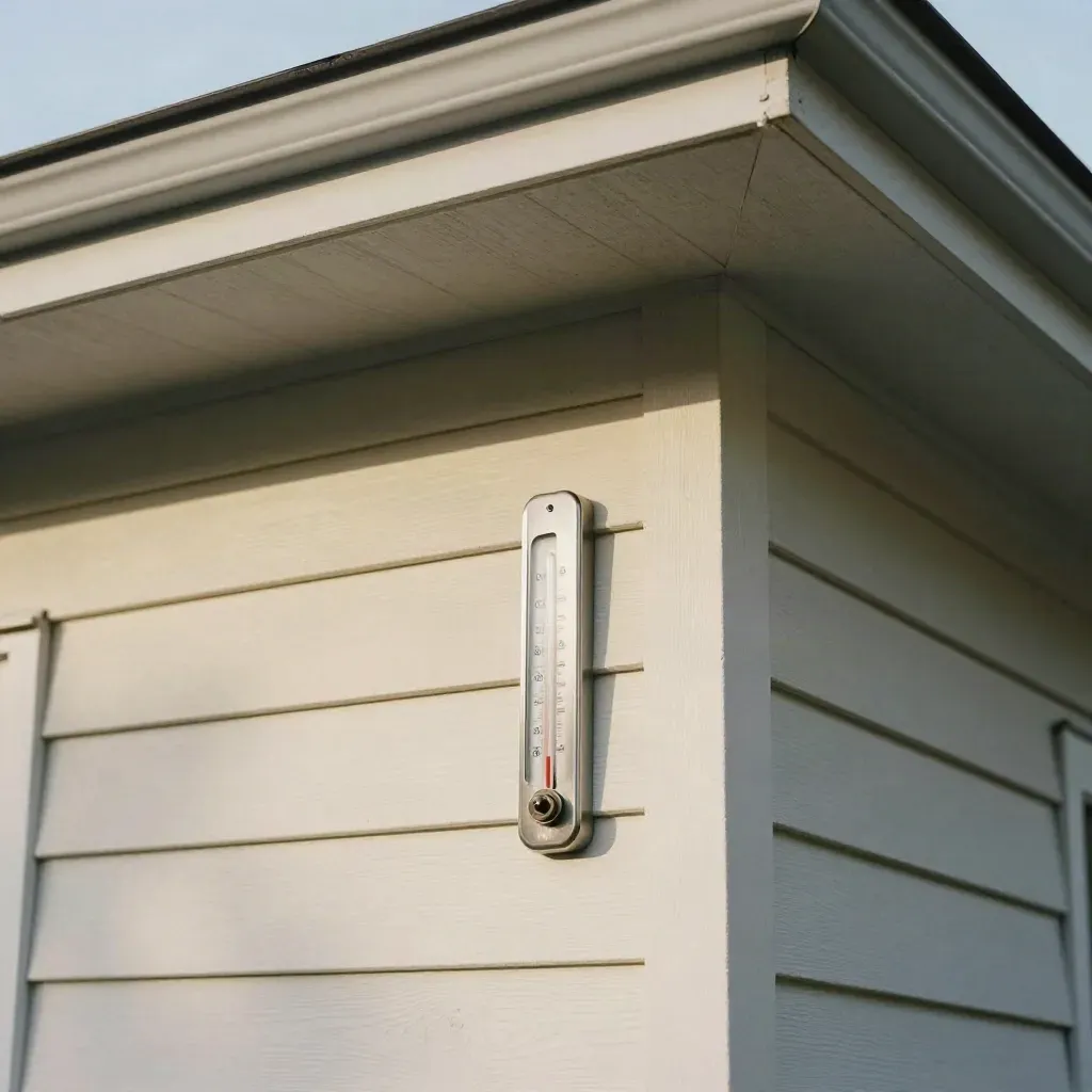 Thermometer under a house eave beside pale siding and a screened wall in hot midday shade