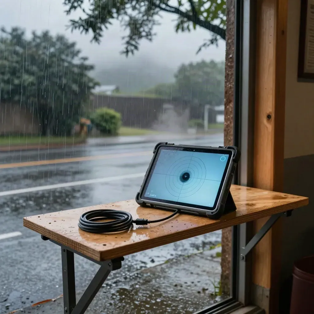 Tablet on a carport shelf glowing with storm radar as rain moves toward a dark street.