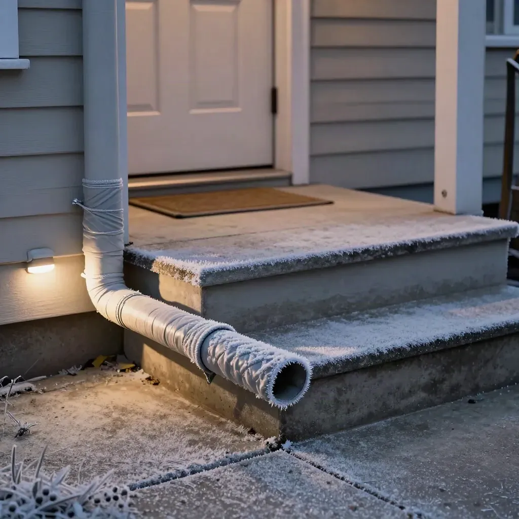 Frosted porch steps and insulated pipes at dawn, with a spigot cover and cold blue light.