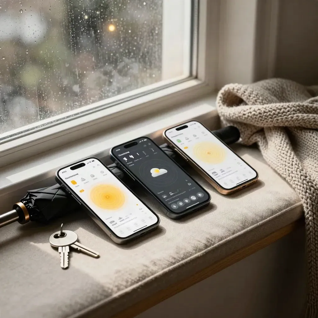 Three weather-app phones by a rain-streaked window seat with umbrella, keys, and a knit throw.