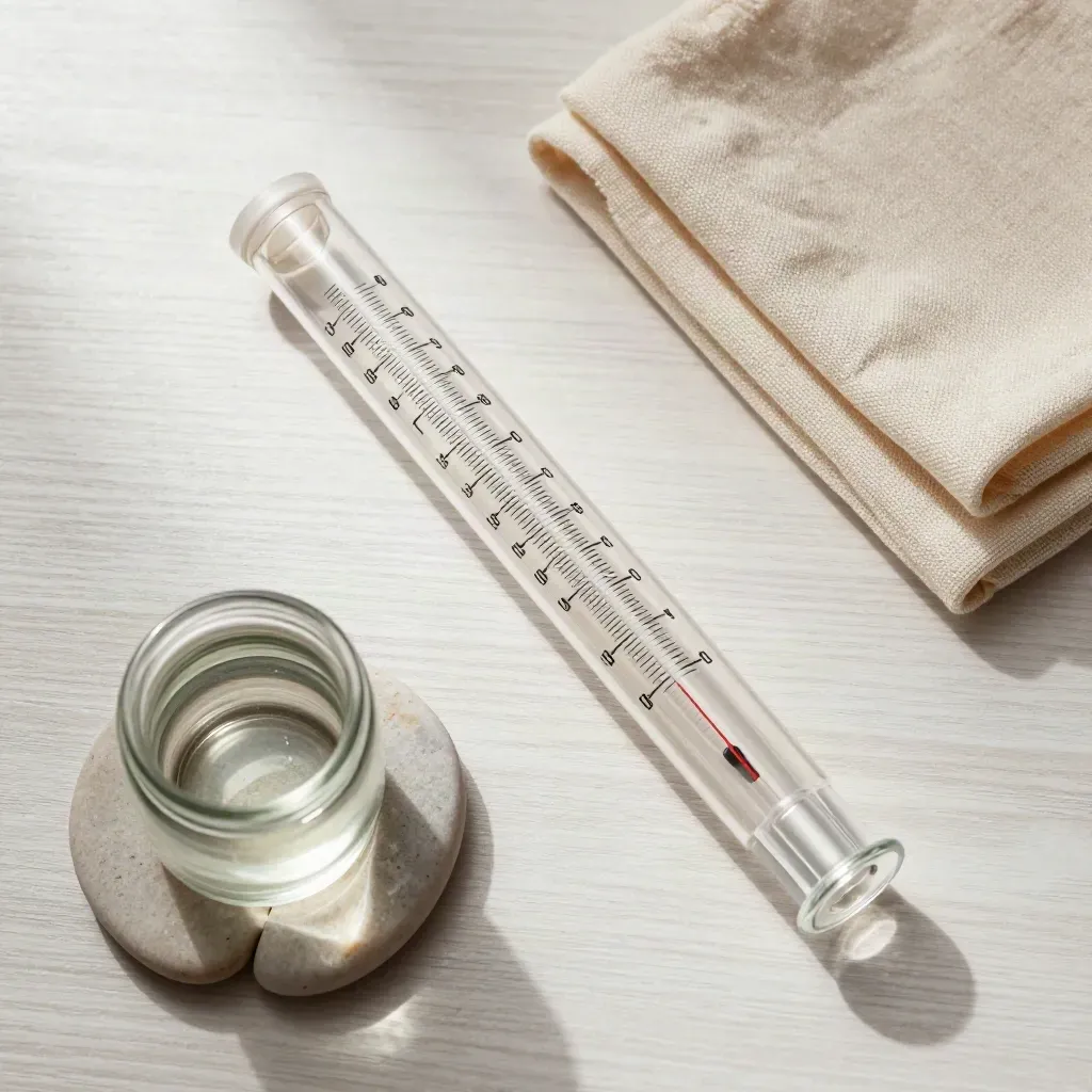 Top-down flatlay of a rain gauge tube, glass jar, pebble coaster, and folded cloth on pale wood.