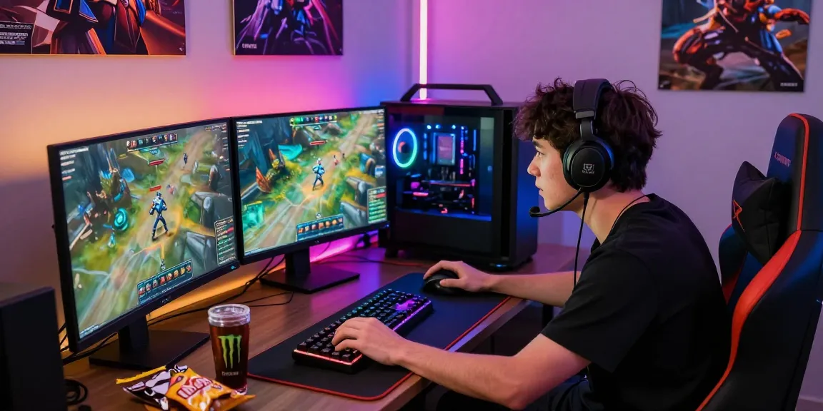 Intense gamer focused on ZONA66 online gaming, dual monitors showing vibrant graphics and LED lighting in the gaming room.