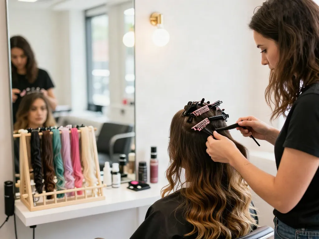 Expert stylist applying huaman hair extensions and accessories in a vibrant beauty salon setting.