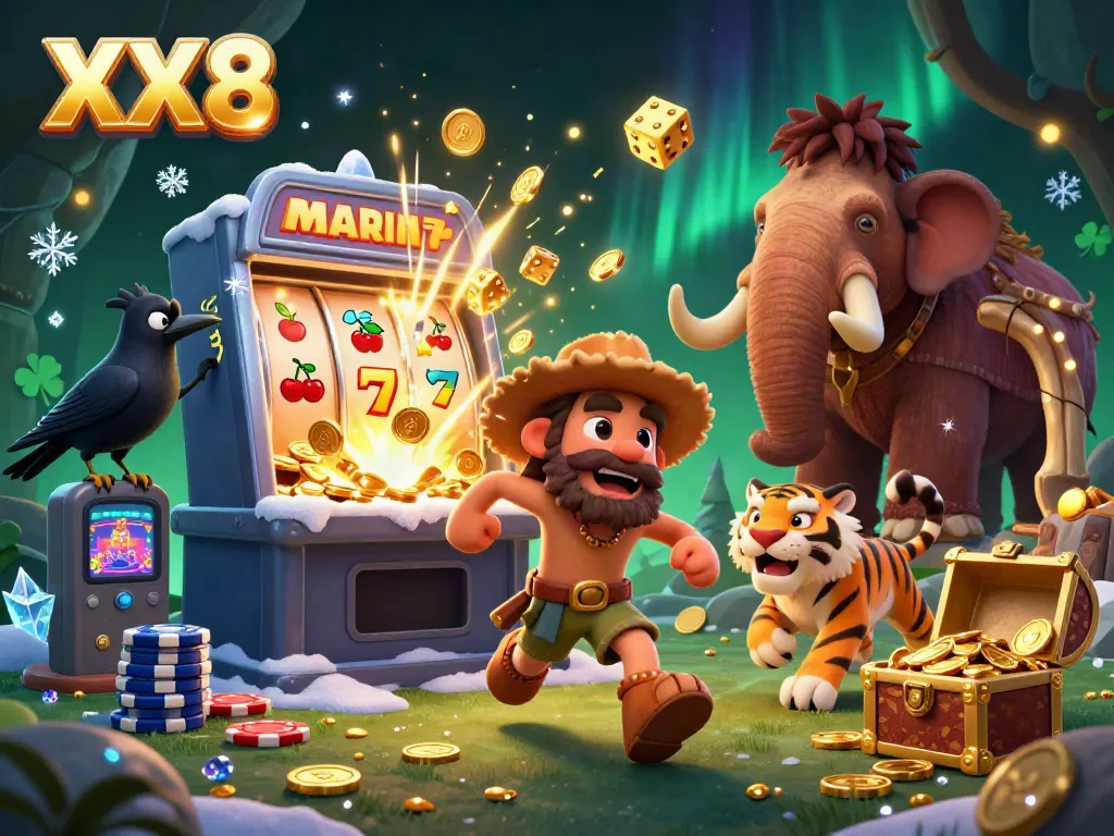 Experience the thrill of XX8 in this dynamic 3D casino scene with vibrant game elements and characters.