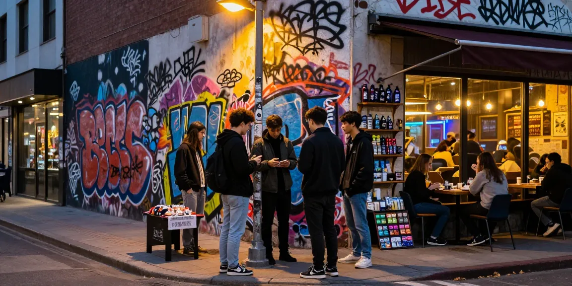 Group discussing where to buy brown heroin online in urban setting, showcasing vibrant street culture and community.