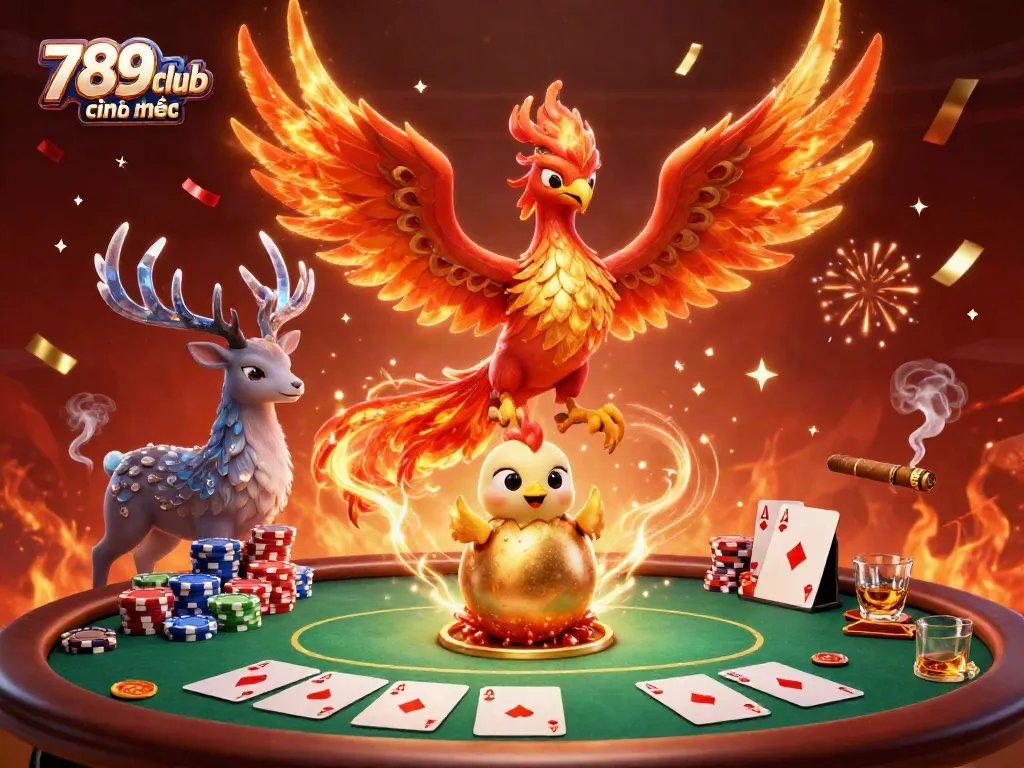 Experience vibrant gaming with 789club chính thức, featuring dynamic 3D phoenix and poker elements.