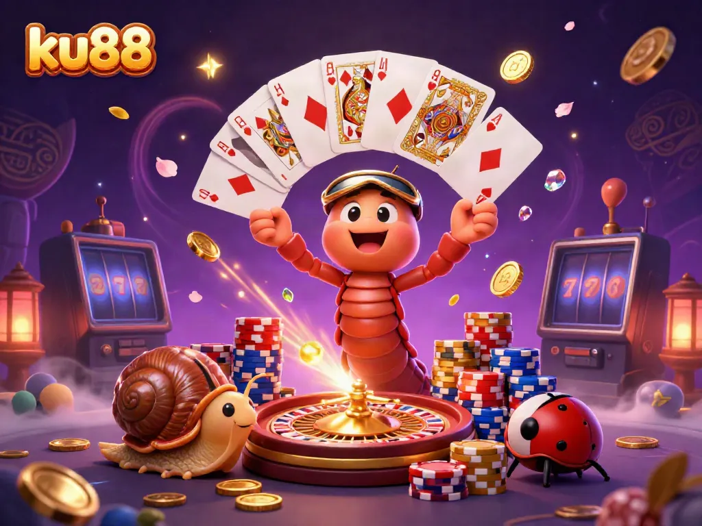 Experience the excitement of ku88 with a vibrant casino scene featuring a millipede dealer and high-roller snail.