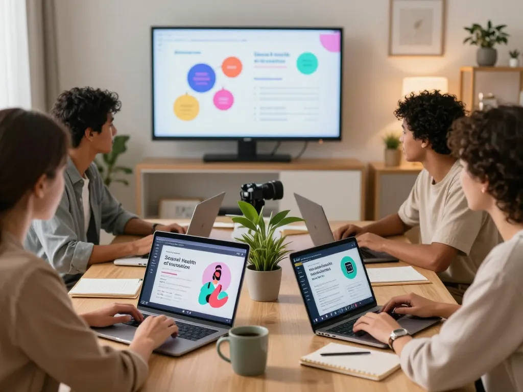 Engaging digital session on sex AI technologies with diverse individuals collaborating in a warm workspace.