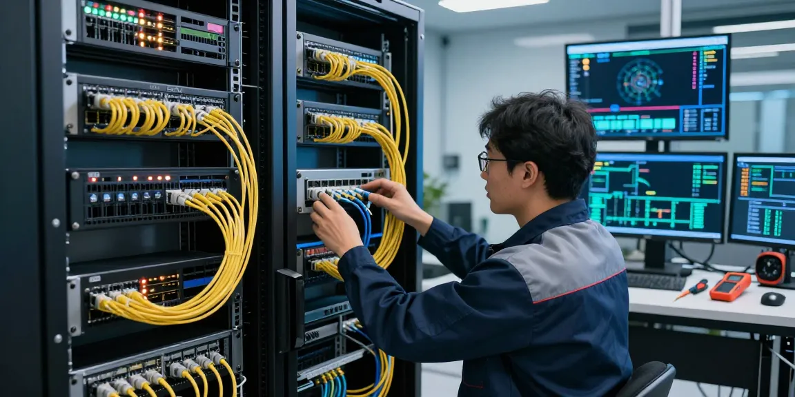 Technician connecting fiber patch cables in a high-tech data center, ensuring reliable network performance.
