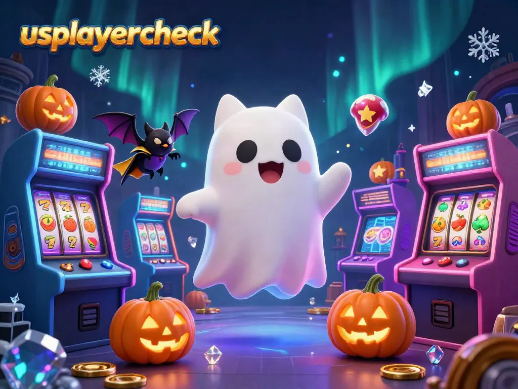 Play exciting games at usplayercheck with a playful ghost cat, arcade machines, and glowing elements.