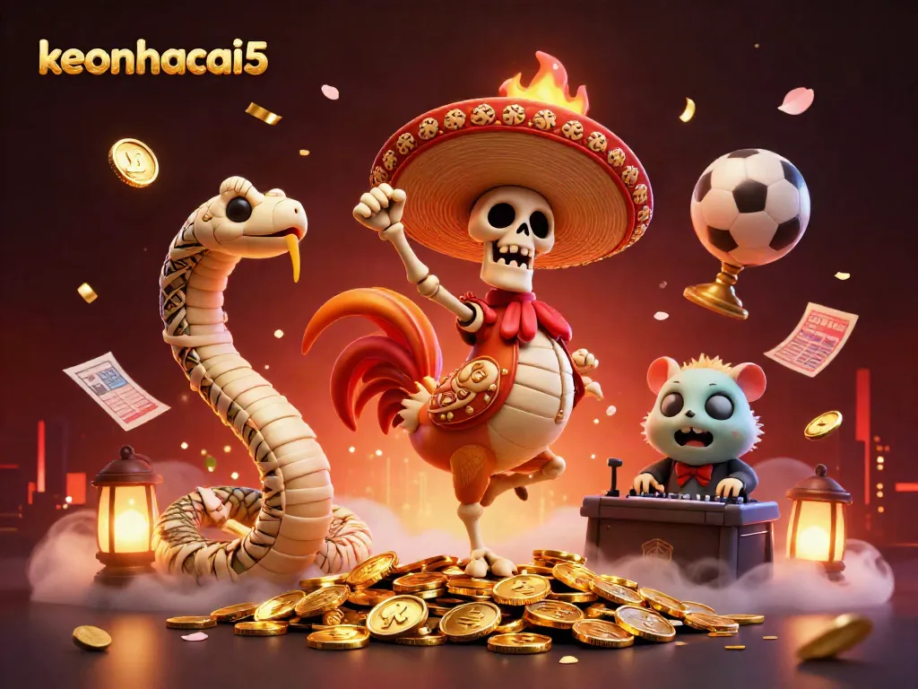 Celebrate winning moments with keonhacai5 as a mariachi rooster dances atop coins surrounded by sports betting elements.