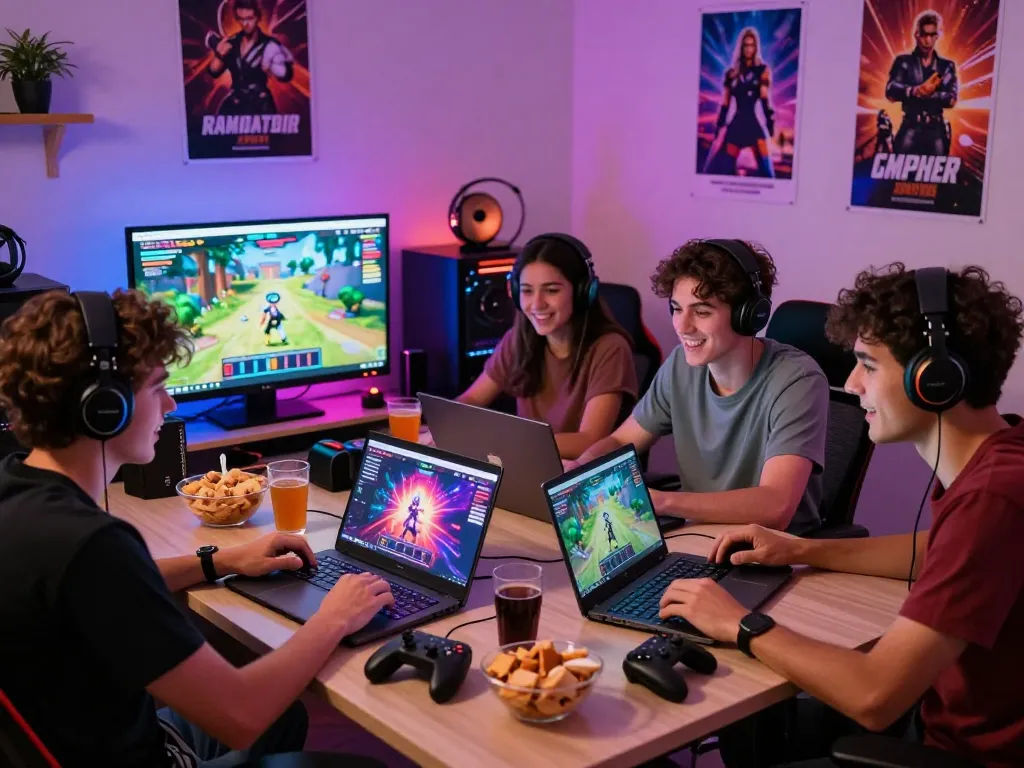 Friends enjoying browser-based porn games html together in a vibrant gaming environment with colorful lighting.