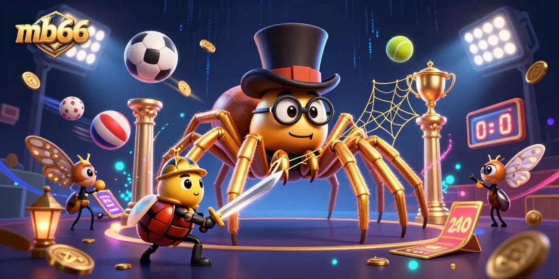 Bet on mb66 in a vibrant casino scene featuring a golden tarantula and knights with dynamic sports elements.