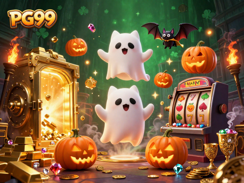 PG99 showcases a vibrant haunted casino scene with a friendly ghost cat and treasures.