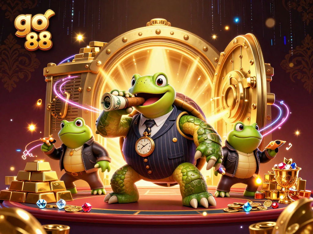 Experience go 88's thrilling casino vibes with a turtle mobster and bullfrog enforcers in a vibrant scene.