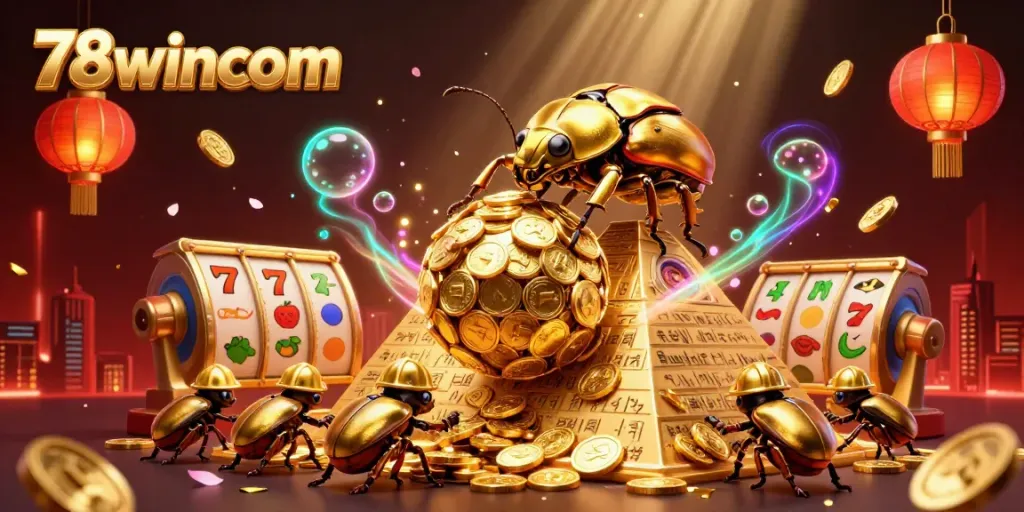 Experience the excitement of 78wincom with golden beetles rolling a jackpot of coins in a dynamic casino scene.