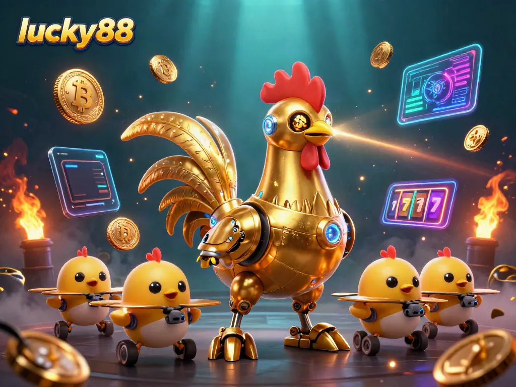 Join the fun with lucky88, featuring a golden rooster robot and baby chick drones amidst vibrant casino elements.