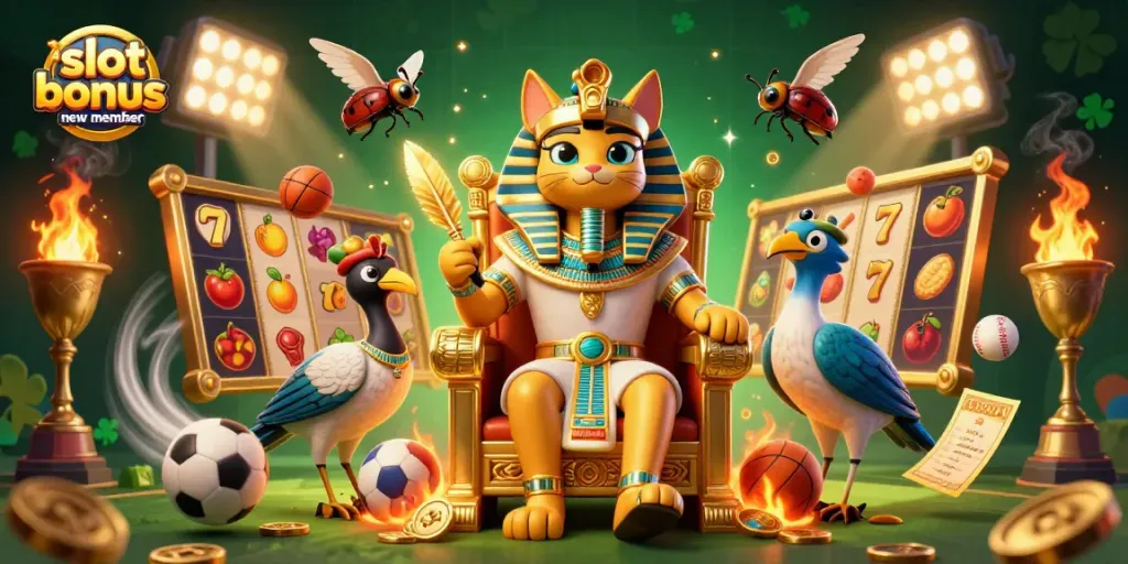 Win with the slot bonus new member bonus featuring an Egyptian-inspired casino theme.