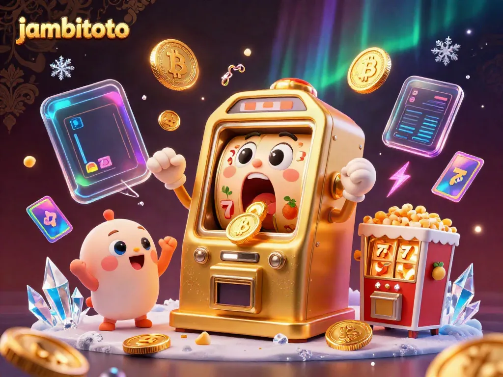 Experience the excitement of jambitoto winning big at the slot machines while vibrant elements celebrate cash victories and crypto transactions.