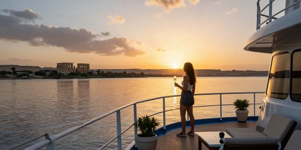 Experience a luxurious Lake Nasser cruise at sunset with stunning views.