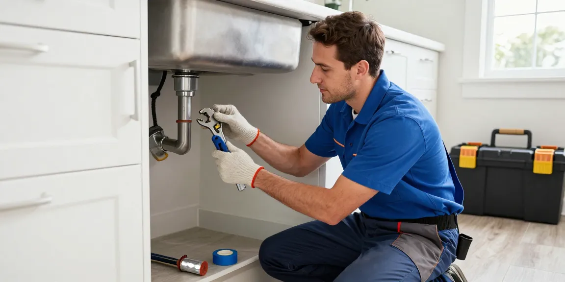 Professional plumber inspecting under sink during plumbing services San Diego, showcasing expertise and home maintenance.