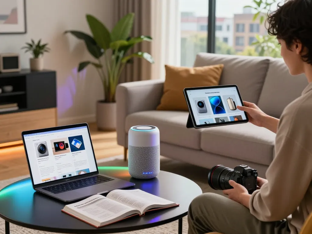Showcasing latest tech gadgets 2101 in a modern living room setting with smart devices.