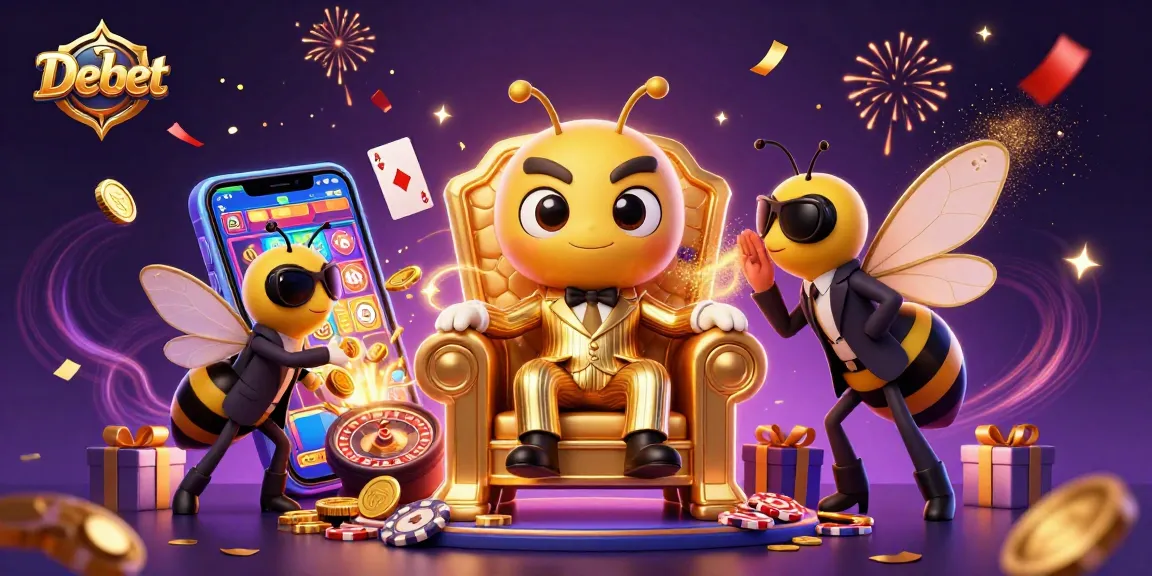 Engage with Debet's captivating casino world featuring a bumblebee mob boss, gold coins, and vibrant game elements.