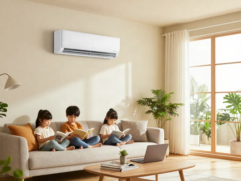 Cozy living room with a mini split AC, family relaxing, stylish interior design.