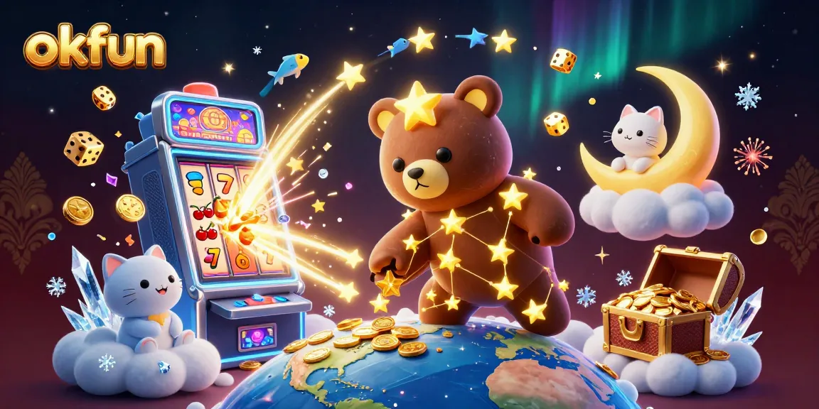 Engage with the exciting world of okfun as the constellation bear scoops coins from Earth amidst a burst of slot machine winnings.