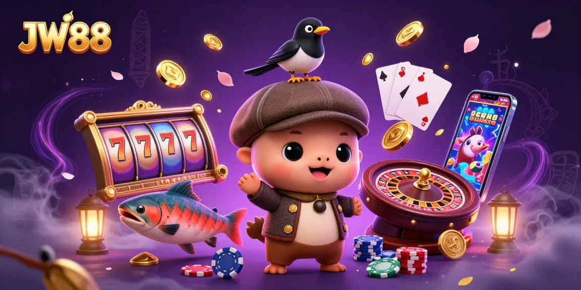 Experience the excitement of JW88 with a charming illustration of Nessie enjoying vibrant casino elements.