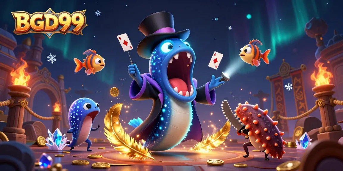 Experience thrilling magic at BGD99 with a bioluminescent eel performing card tricks in a vibrant casino scene.