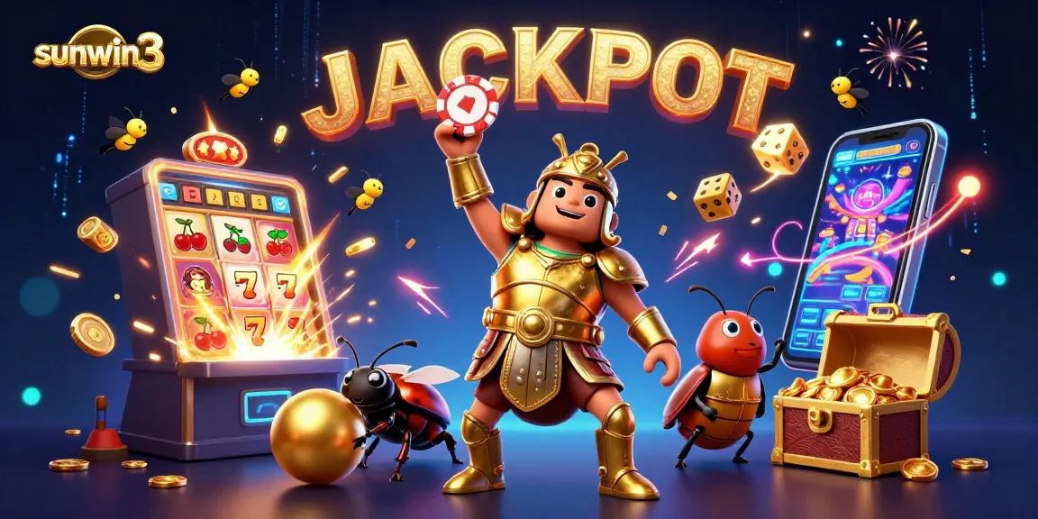 Experience the excitement of sunwin3 with vibrant casino elements and winning animations in this dynamic 3D illustration.